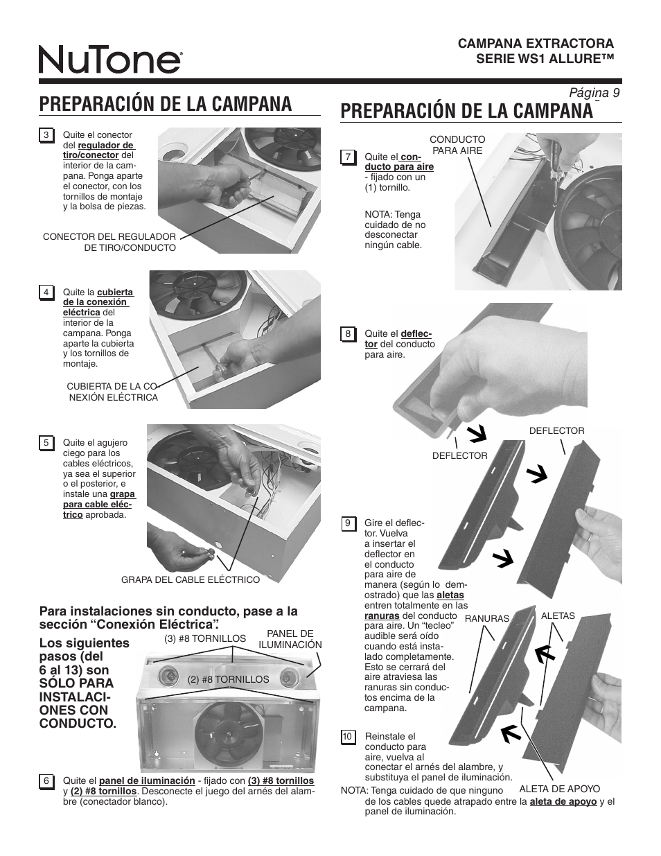 Preparación de la campana | NuTone ALLURE WS1 SERIES User Manual | Page 9 / 12