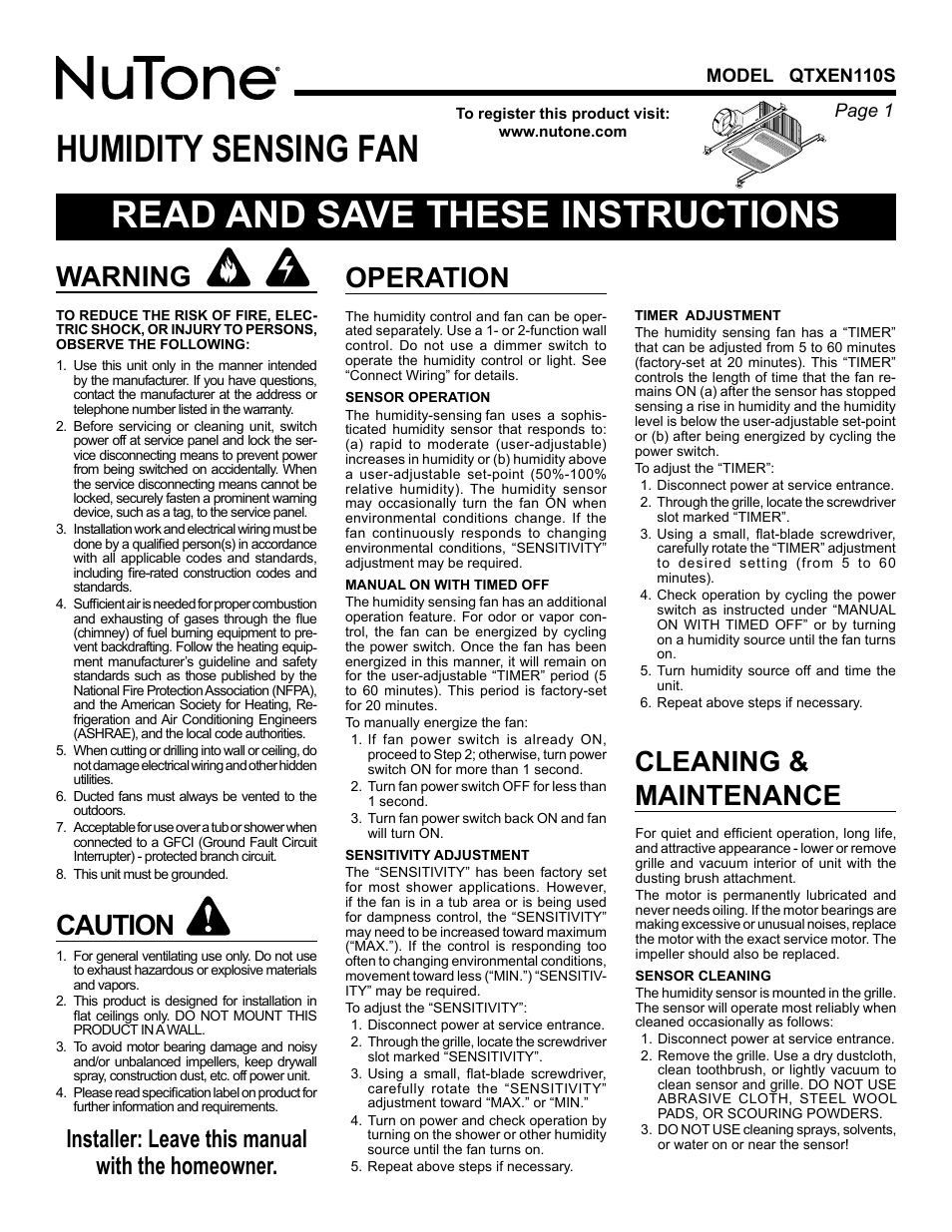 NuTone HUMIDITY SENSING QTXEN110S User Manual | 8 pages