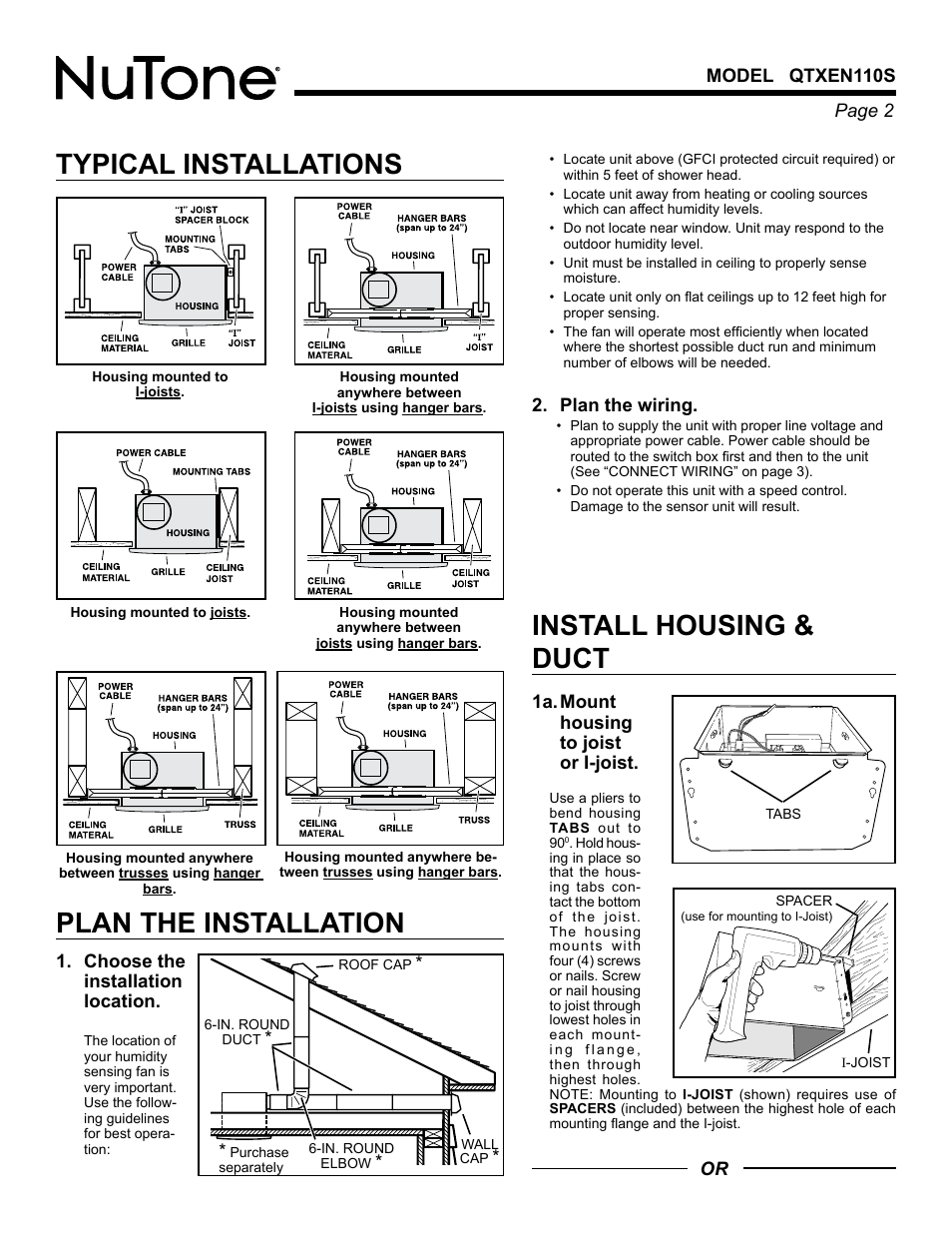 Typical installations, Plan the installation, Install housing & duct | NuTone HUMIDITY SENSING QTXEN110S User Manual | Page 2 / 8