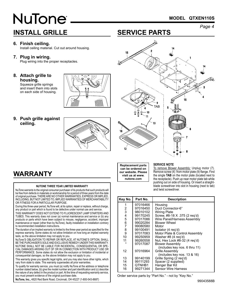 Service parts, Install grille, Warranty | Page  model qtxen110s, Finish ceiling, Plug in wiring, Attach grille to housing, Push grille against ceiling | NuTone HUMIDITY SENSING QTXEN110S User Manual | Page 4 / 8