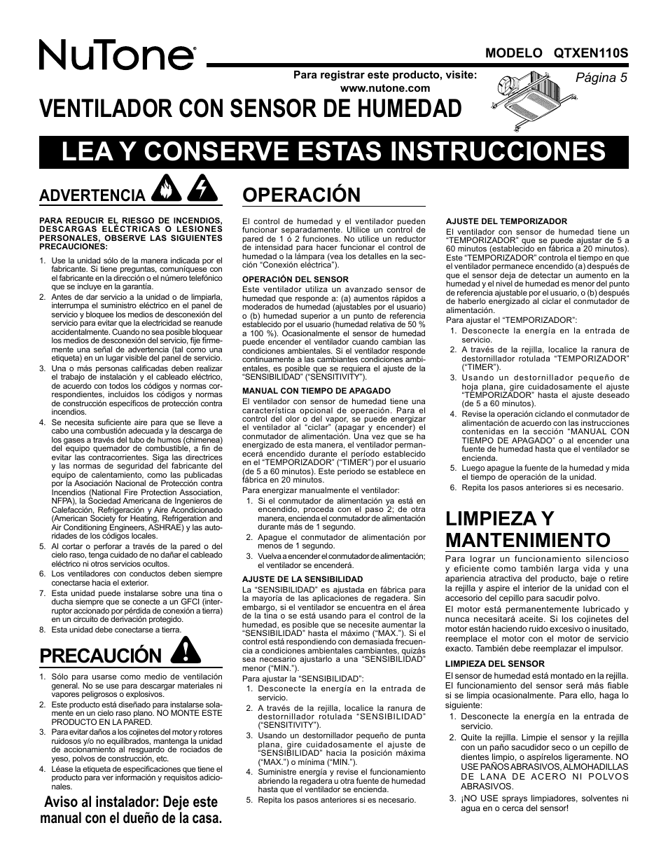 Lea y conserve estas instrucciones, Ventilador con sensor de humedad, Precaución | Limpieza y mantenimiento, Operación, Advertencia, Página  modelo qtxen110s | NuTone HUMIDITY SENSING QTXEN110S User Manual | Page 5 / 8