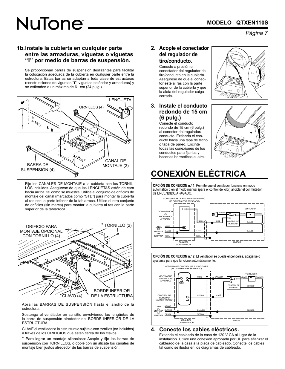 Conexión eléctrica, Conecte los cables eléctricos, Instale el conducto redondo de 15 cm (6 pulg.) | Barra de suspensión (4), Canal de montaje (2) lengüeta | NuTone HUMIDITY SENSING QTXEN110S User Manual | Page 7 / 8