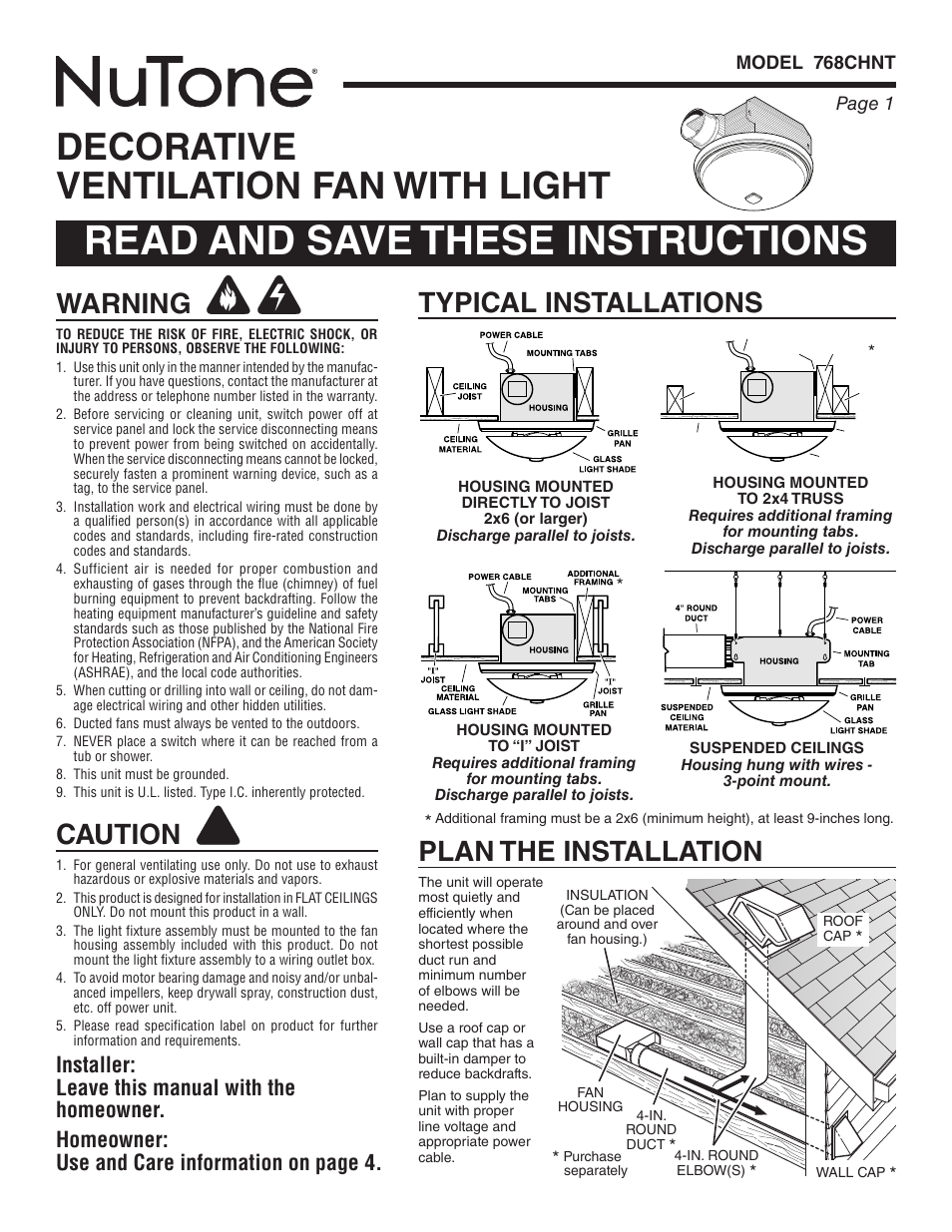 NuTone 768CHNT User Manual | 12 pages