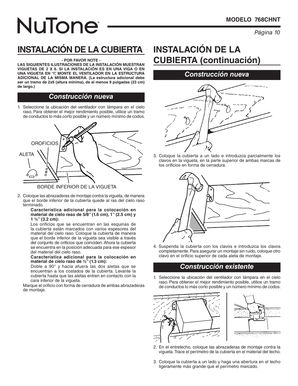 Construcción nueva construcción existente, Construcción nueva | NuTone 768CHNT User Manual | Page 10 / 12