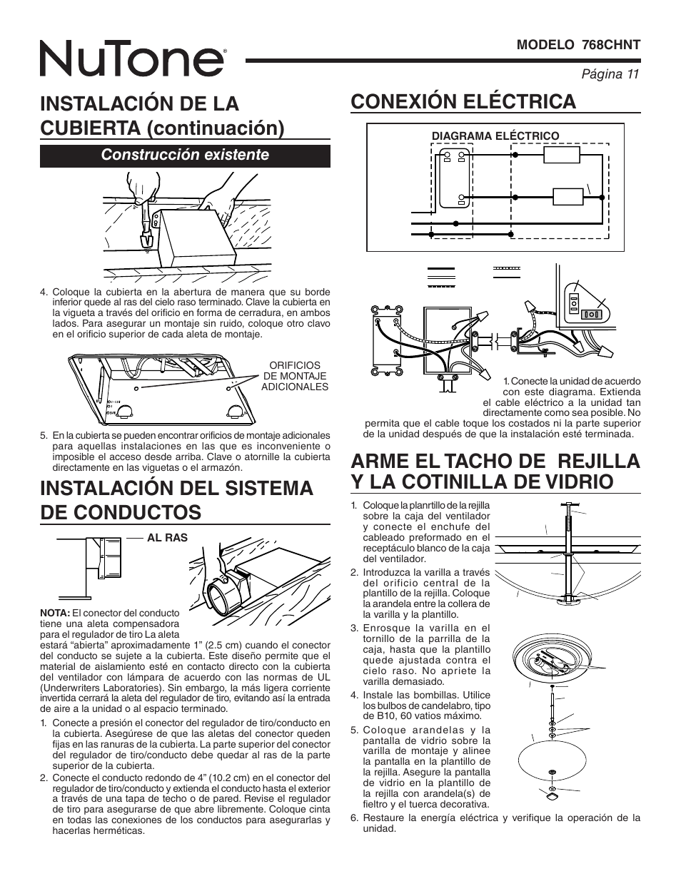Conexión eléctrica, Arme el tacho de rejilla y la cotinilla de vidrio, Construcción existente | NuTone 768CHNT User Manual | Page 11 / 12