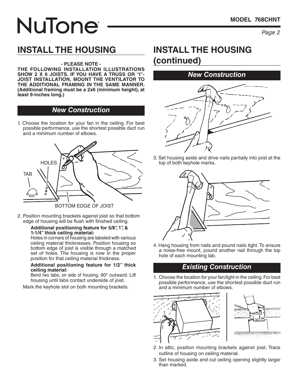 Install the housing (continued), Install the housing, New construction existing construction | New construction | NuTone 768CHNT User Manual | Page 2 / 12