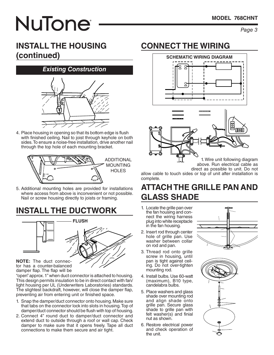Connect the wiring, Existing construction, Page 3 model 768chnt | NuTone 768CHNT User Manual | Page 3 / 12