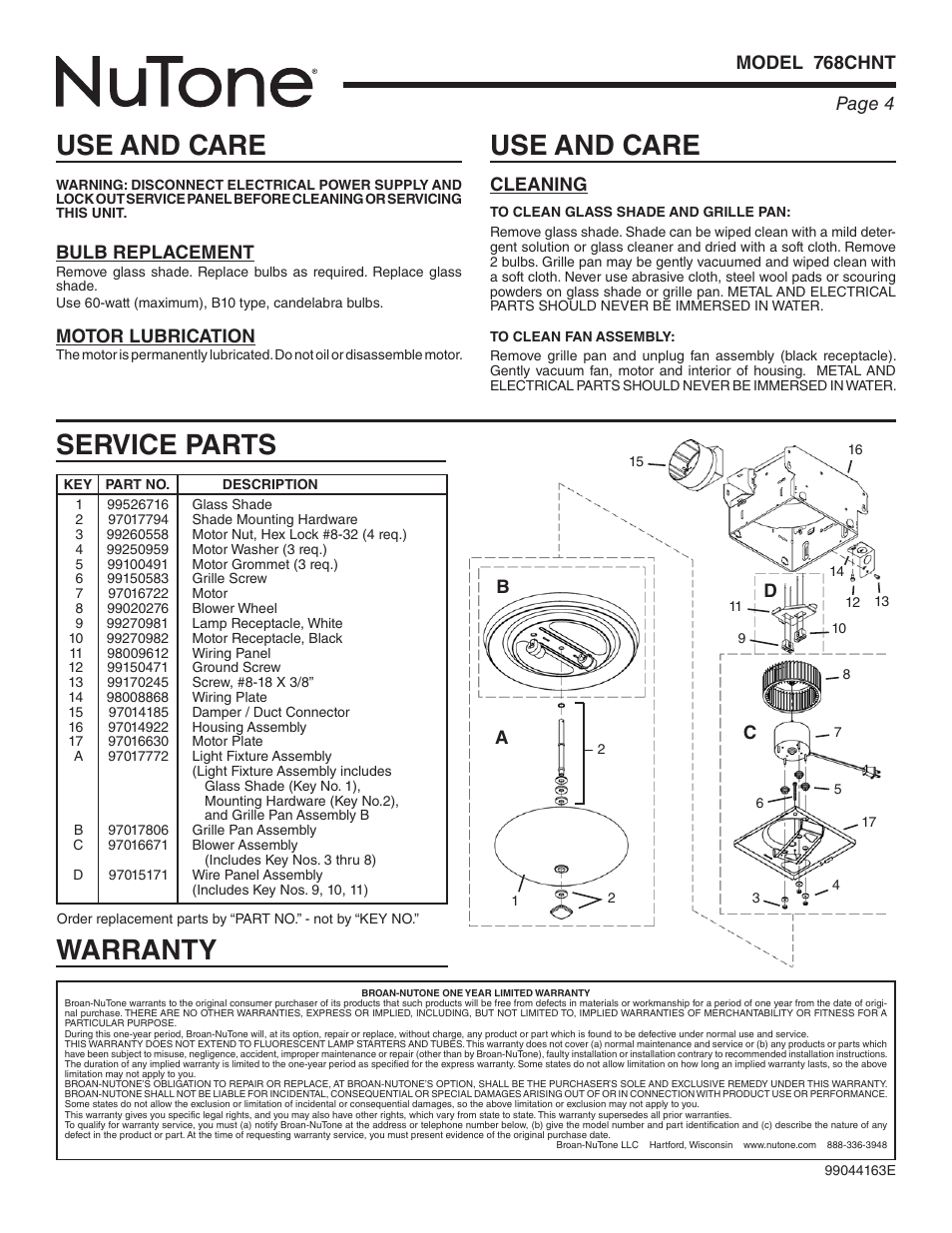 Use and care, Service parts warranty, Page 4 model 768chnt | Bulb replacement, Motor lubrication, Cleaning, Ac d | NuTone 768CHNT User Manual | Page 4 / 12