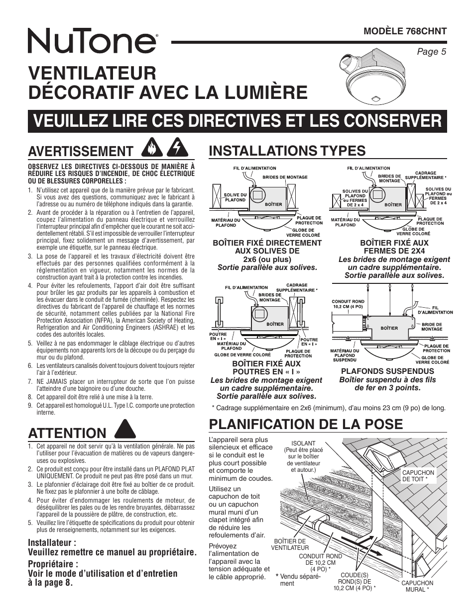 Ventilateur décoratif avec la lumière, Veuillez lire ces directives et les conserver, Avertissement | Attention, Installations types, Planification de la pose | NuTone 768CHNT User Manual | Page 5 / 12