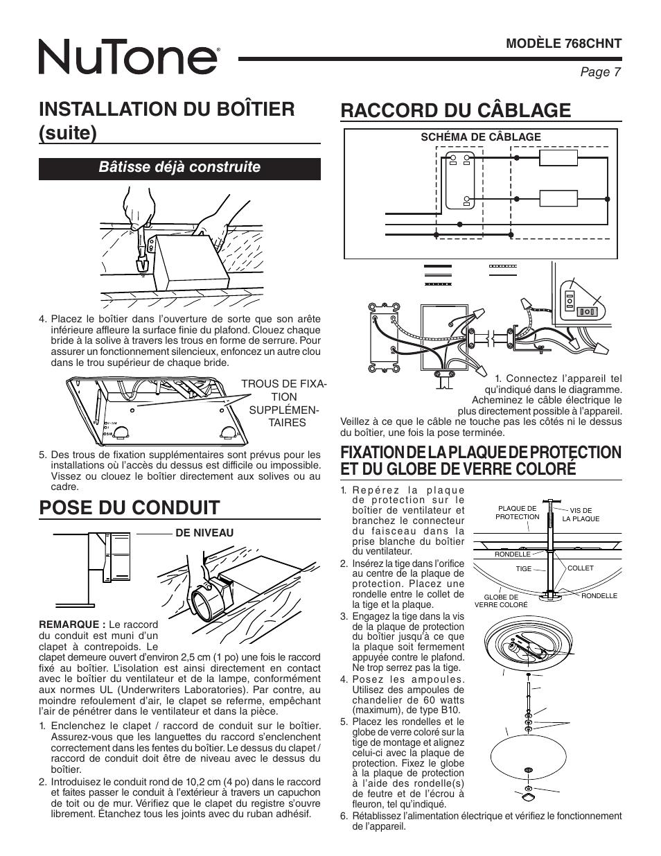 Installation du boîtier (suite), Pose du conduit, Raccord du câblage | Bâtisse déjà construite, Page 7 modèle 768chnt | NuTone 768CHNT User Manual | Page 7 / 12
