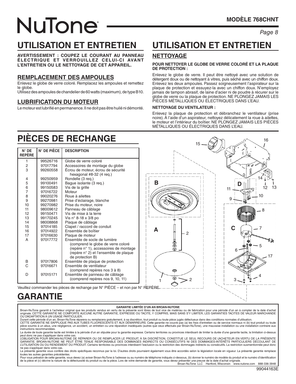 Utilisation et entretien, Pièces de rechange, Garantie | Page 8 modèle 768chnt, Remplacement des ampoules, Lubrification du moteur, Nettoyage, Ac d | NuTone 768CHNT User Manual | Page 8 / 12