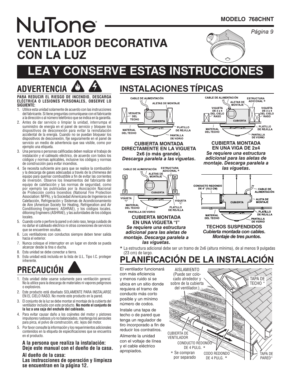 Ventilador decorativa con la luz, Lea y conserve estas instrucciones, Advertencia | Precaución, Instalaciones típicas, Planificación de la instalación | NuTone 768CHNT User Manual | Page 9 / 12