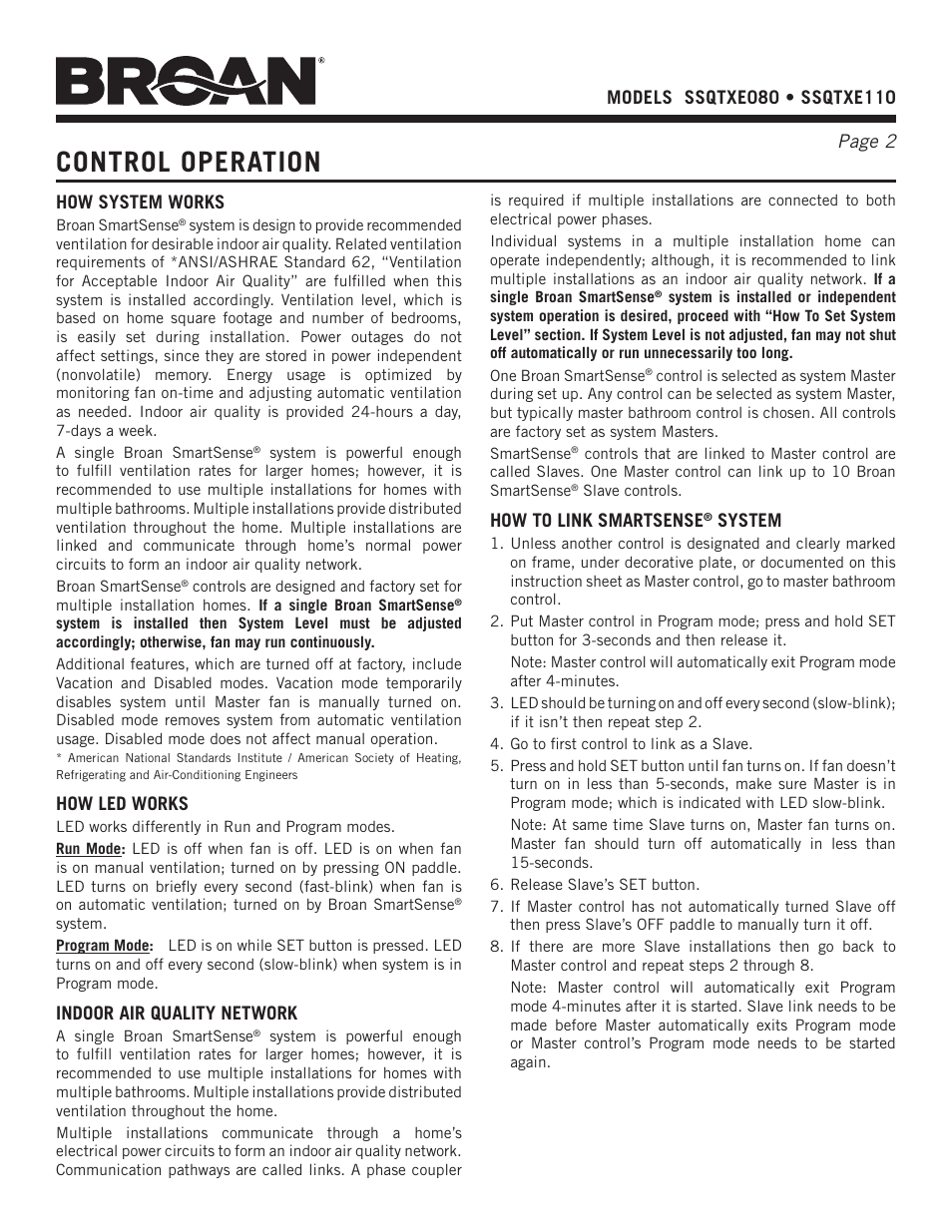 Control operation, How system works, How led works | Indoor air quality network, How to link smartsense, System | NuTone ssQTXe080 User Manual | Page 2 / 8