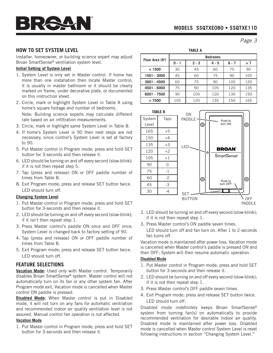 How to set system level, Feature selections | NuTone ssQTXe080 User Manual | Page 3 / 8