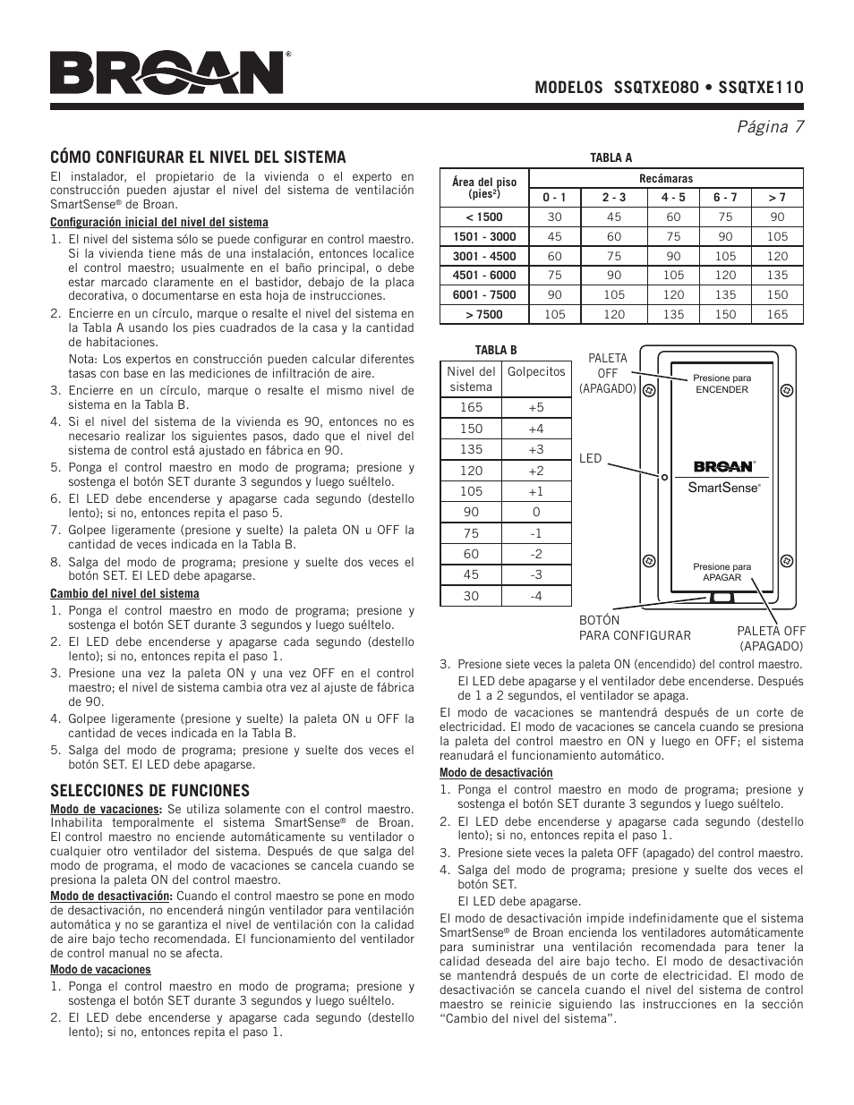 Cómo configurar el nivel del sistema, Selecciones de funciones | NuTone ssQTXe080 User Manual | Page 7 / 8