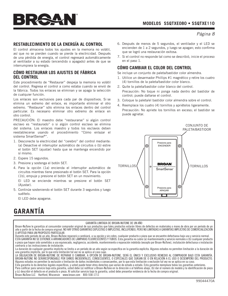 Garantía, Cómo cambiar el color del control, Restablecimiento de la energía al control | Cómo restaurar los ajustes de fábrica del control | NuTone ssQTXe080 User Manual | Page 8 / 8
