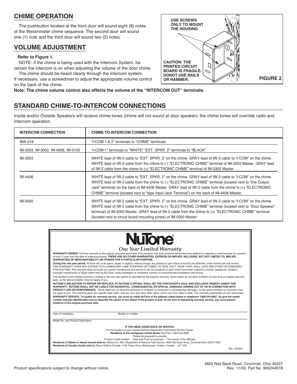 Chime operation, Volume adjustment, Standard chime-to-intercom connections | One year limited warranty | NuTone LA-174 User Manual | Page 2 / 2