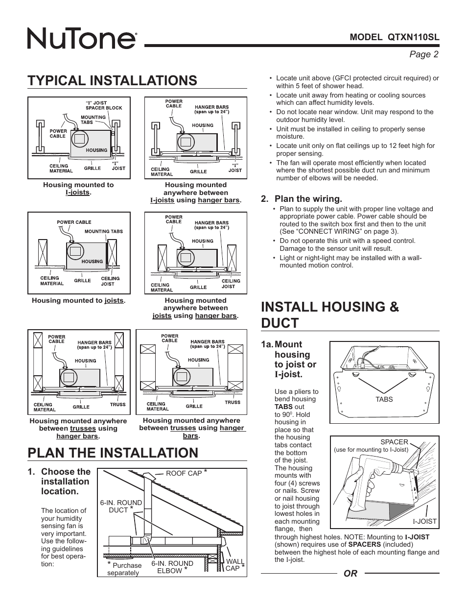 Typical installations, Plan the installation, Install housing & duct | NuTone QTXN110SL User Manual | Page 2 / 8