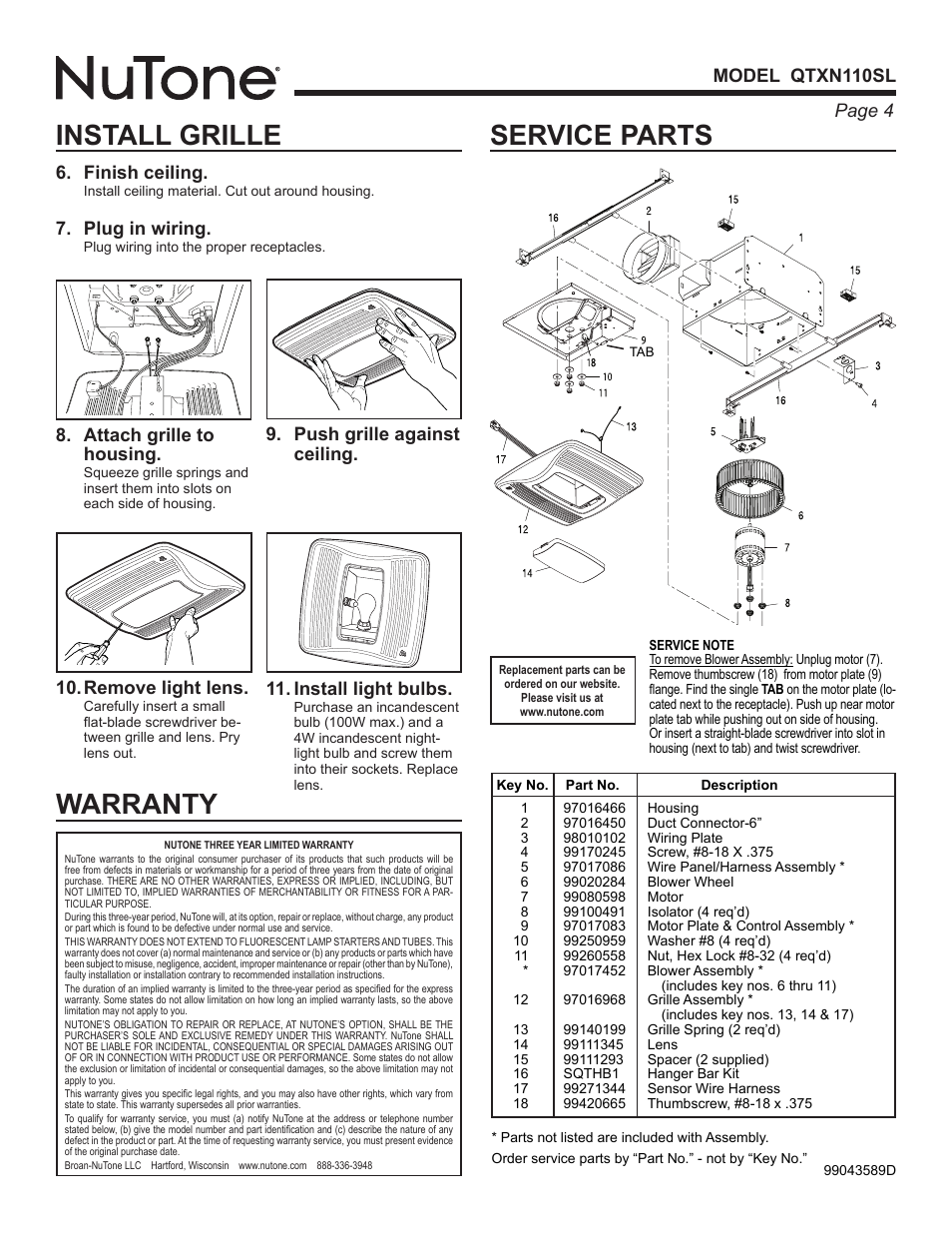 Service parts, Install grille, Warranty | Page  model qtxn110sl, Finish ceiling, Plug in wiring, Attach grille to housing, Remove light lens | NuTone QTXN110SL User Manual | Page 4 / 8