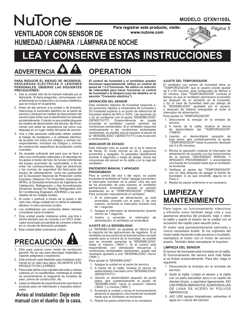 Lea y conserve estas instrucciones, Precaución, Limpieza y mantenimiento | Operation, Advertencia, Página  modelo qtxn110sl | NuTone QTXN110SL User Manual | Page 5 / 8