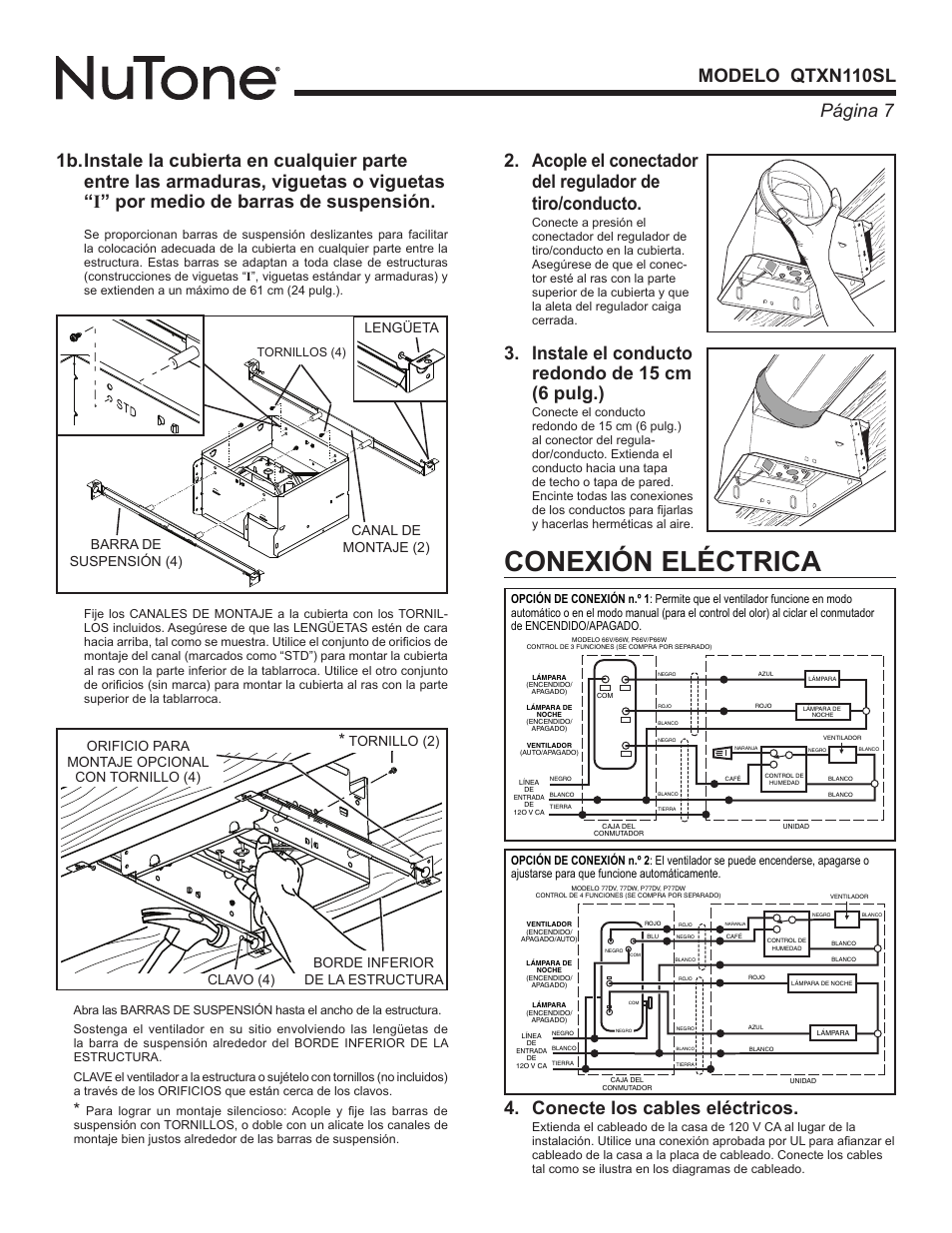 Conexión eléctrica, Instale el conducto redondo de 15 cm (6 pulg.), Barra de suspensión (4) | Canal de montaje (2) lengüeta | NuTone QTXN110SL User Manual | Page 7 / 8