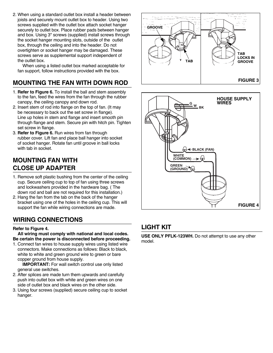Mounting the fan with down rod, Mounting fan with close up adapter, Wiring connections | Light kit | NuTone OPENAIRE PFOB-52 User Manual | Page 2 / 4