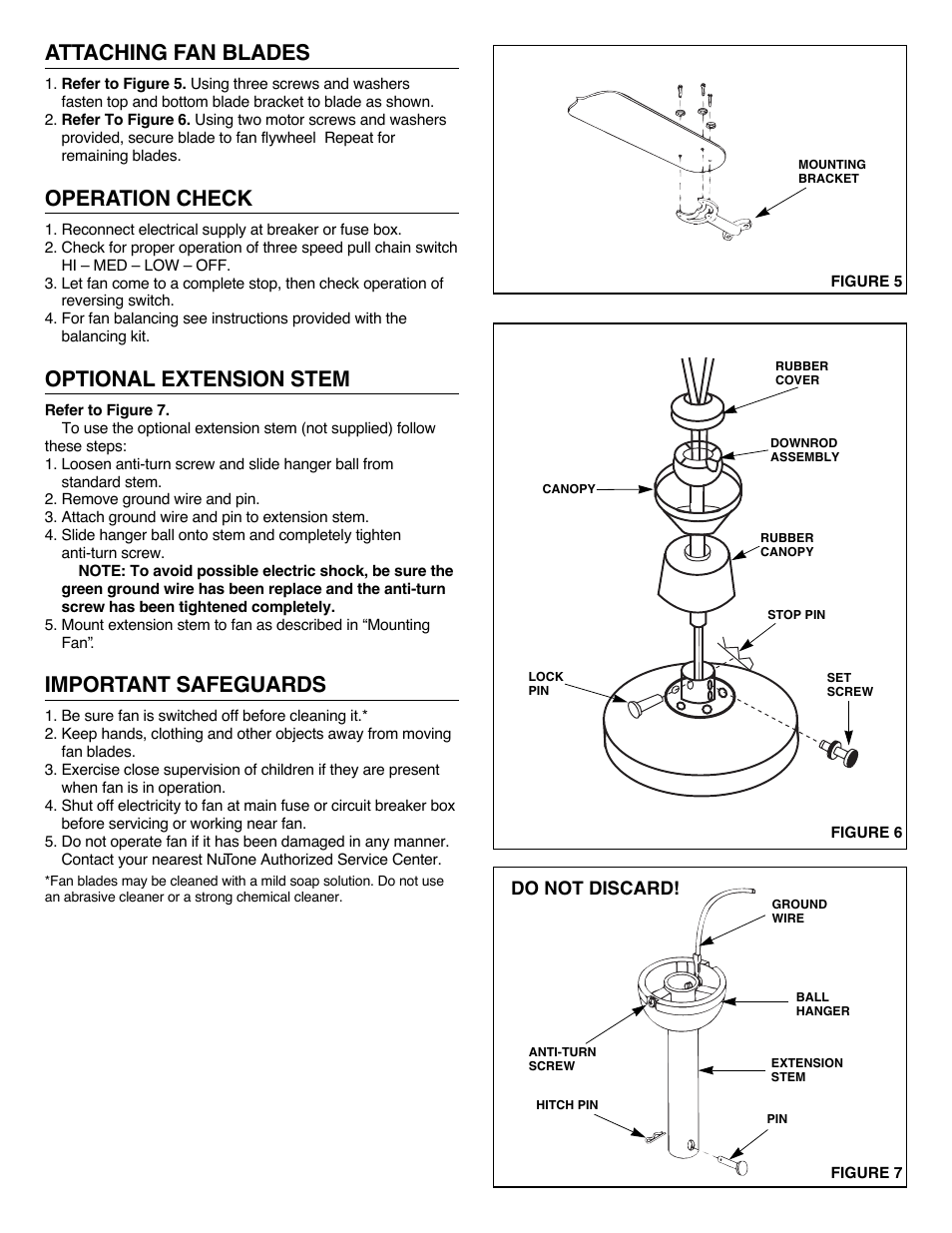 Attaching fan blades, Operation check, Optional extension stem | Important safeguards | NuTone OPENAIRE PFOB-52 User Manual | Page 3 / 4