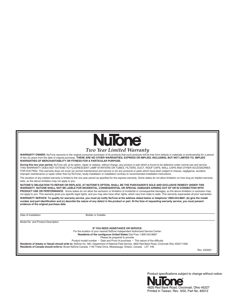 Two year limited warranty | NuTone OPENAIRE PFOB-52 User Manual | Page 4 / 4