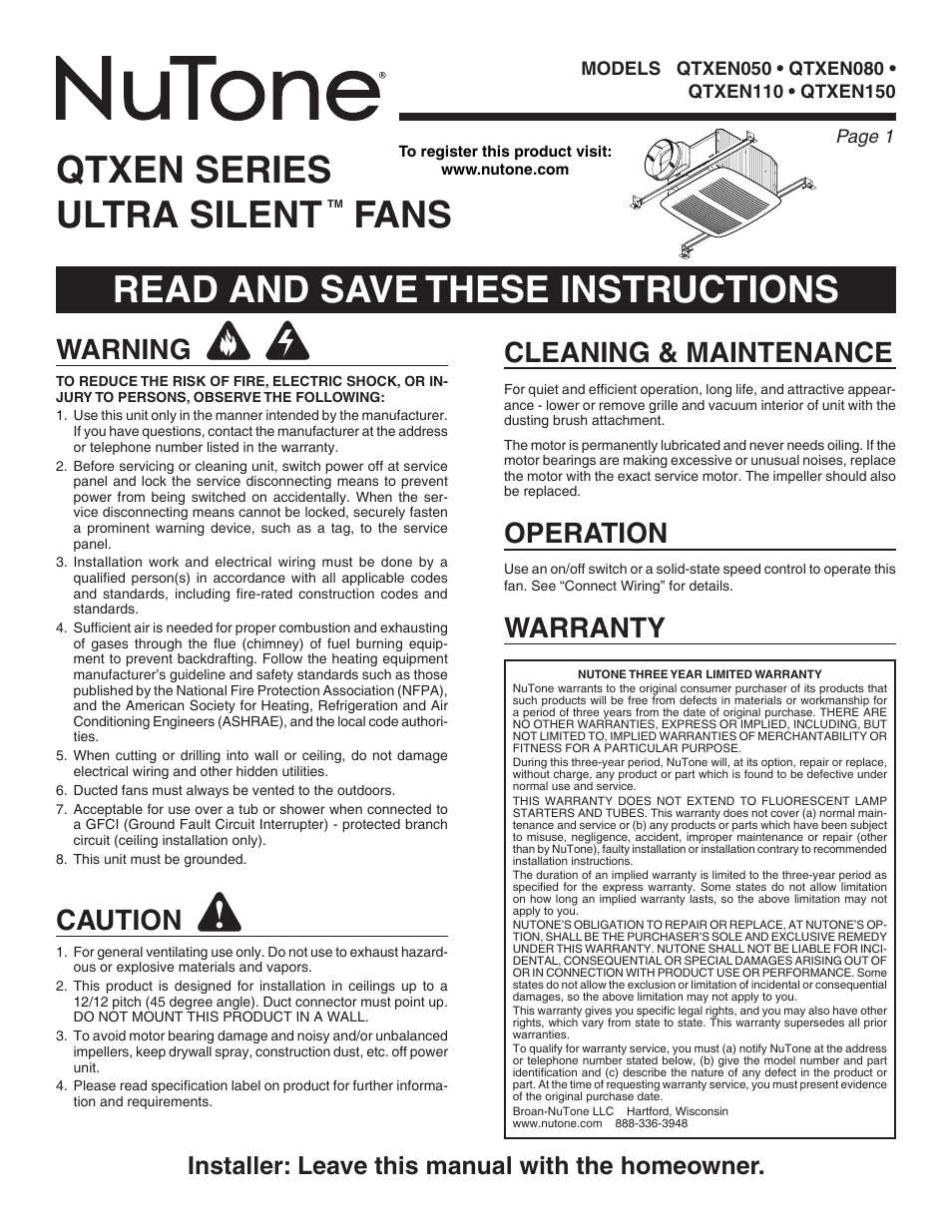 NuTone QTXEN150 User Manual | 8 pages