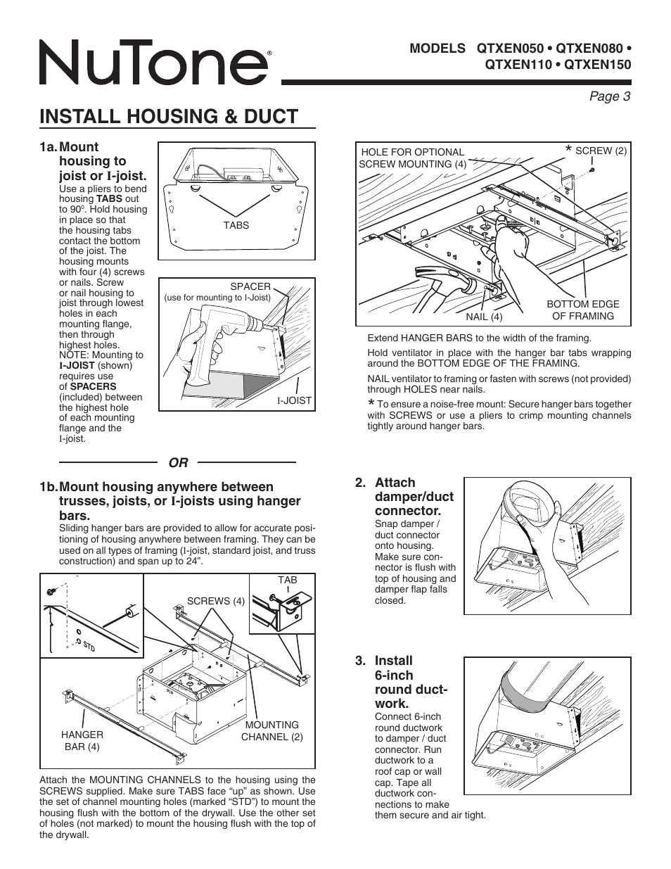 Install housing & duct | NuTone QTXEN150 User Manual | Page 3 / 8