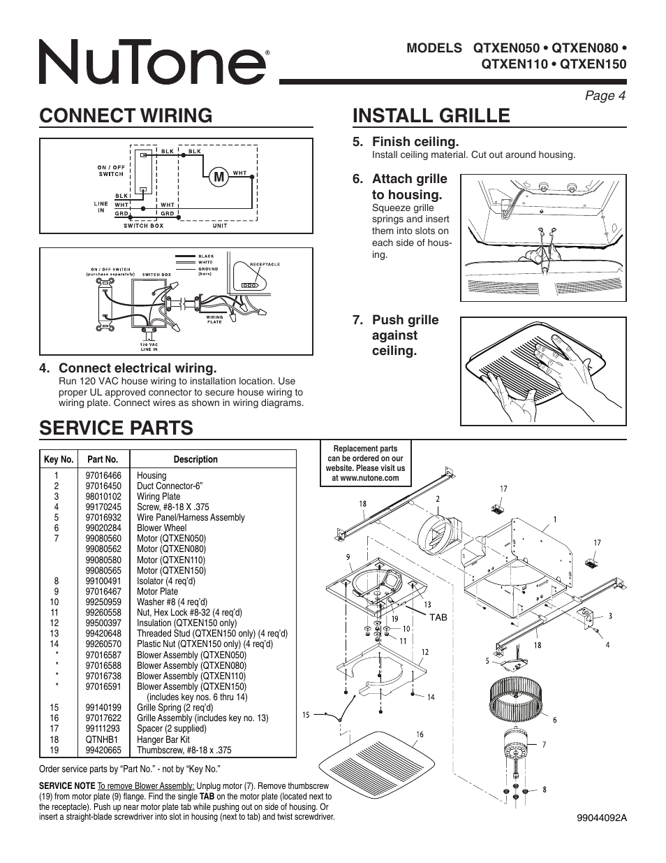Service parts, Install grille, Connect wiring | Attach grille to housing, Push grille against ceiling. 5. finish ceiling, Connect electrical wiring | NuTone QTXEN150 User Manual | Page 4 / 8