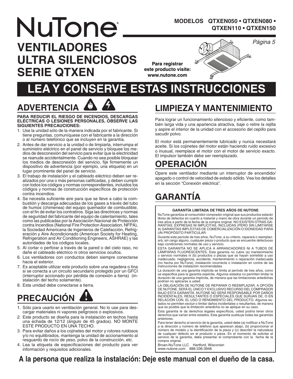 Ventiladores ultra silenciosos serie qtxen, Lea y conserve estas instrucciones, Advertencia | Precaución, Limpieza y mantenimiento garantía, Operación | NuTone QTXEN150 User Manual | Page 5 / 8
