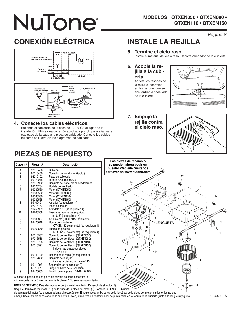 Piezas de repuesto, Instale la rejilla, Conexión eléctrica | Acople la re- jilla a la cubi- erta, Conecte los cables eléctricos | NuTone QTXEN150 User Manual | Page 8 / 8