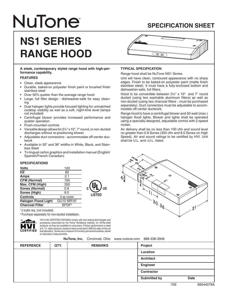 NuTone NS1 User Manual | 1 page