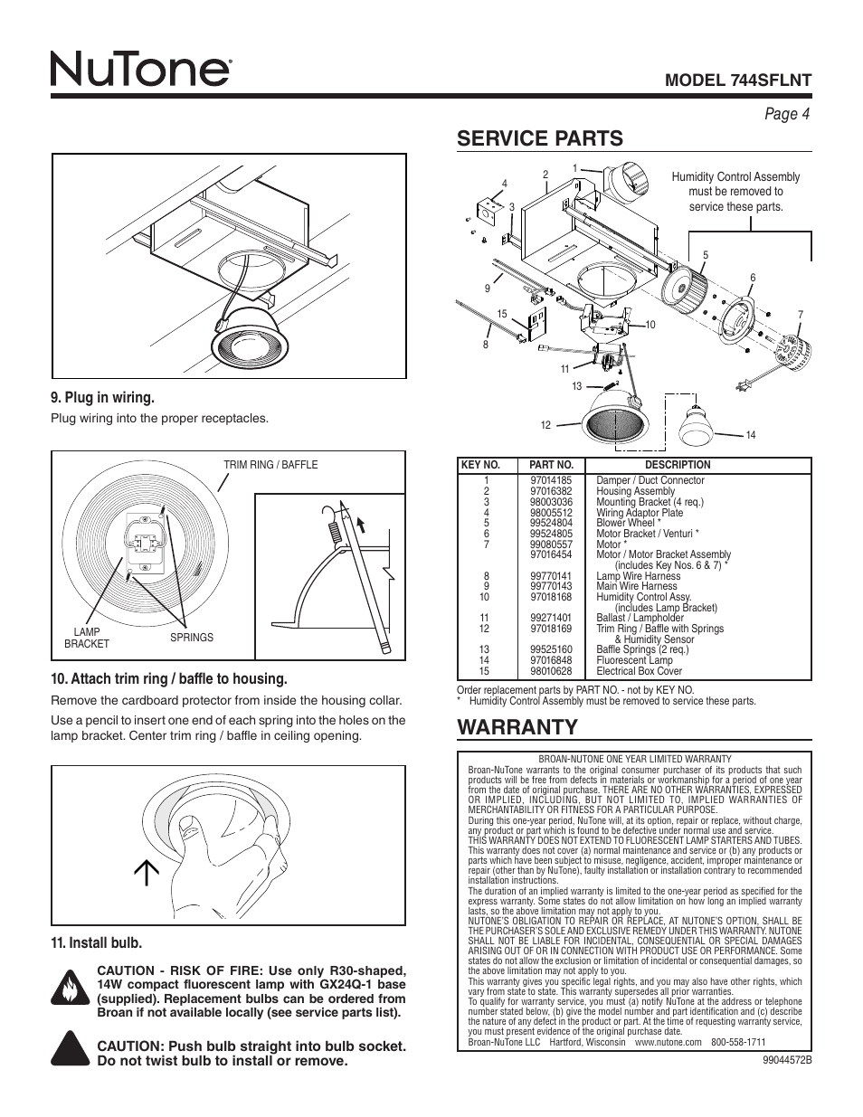 Service parts, Warranty, Page 4 model 744sflnt | Attach trim ring / baffle to housing, Install bulb, Plug in wiring | NuTone 744SFLNT User Manual | Page 4 / 12