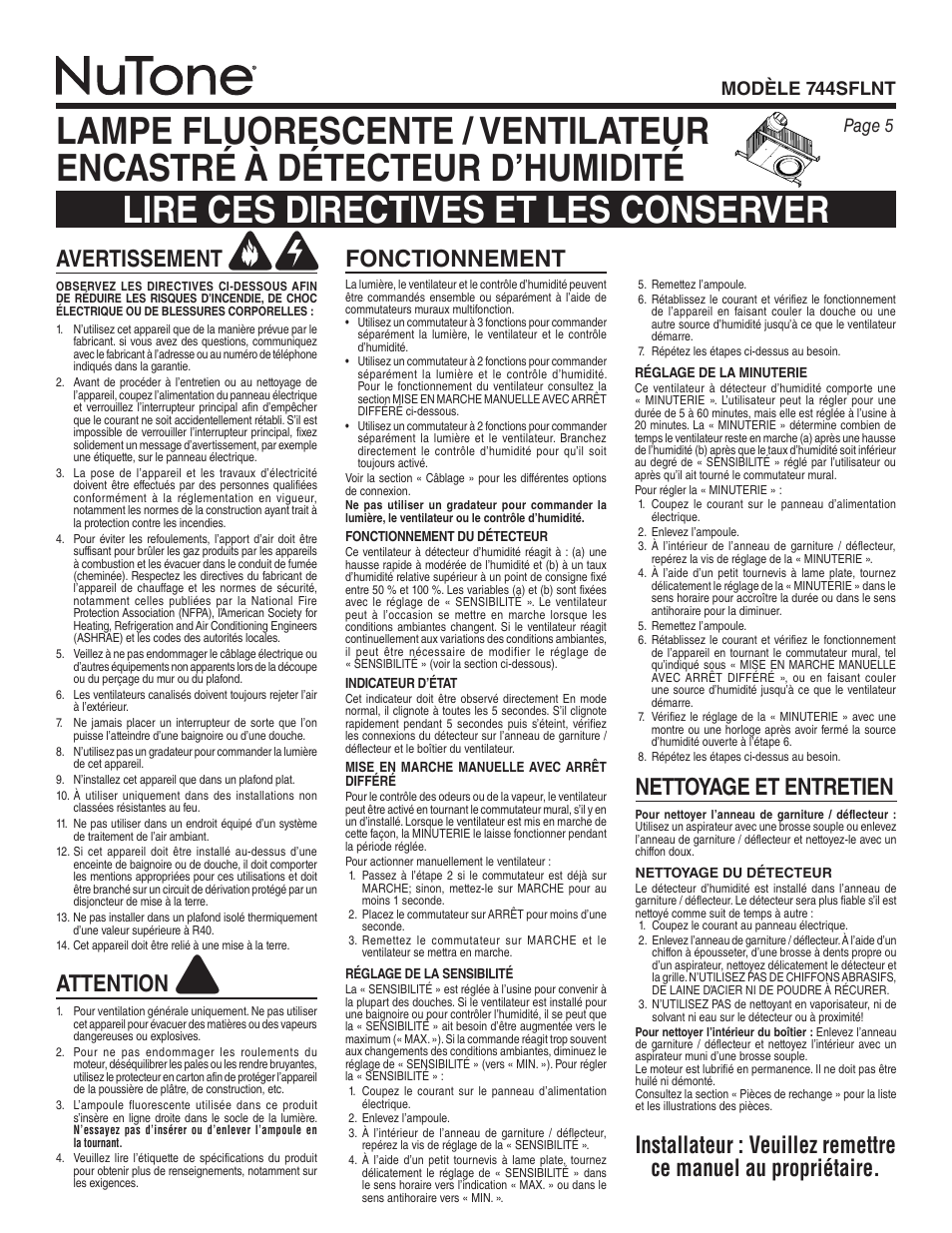 Fonctionnement, Avertissement, Attention | Page 5 modèle 744sflnt | NuTone 744SFLNT User Manual | Page 5 / 12