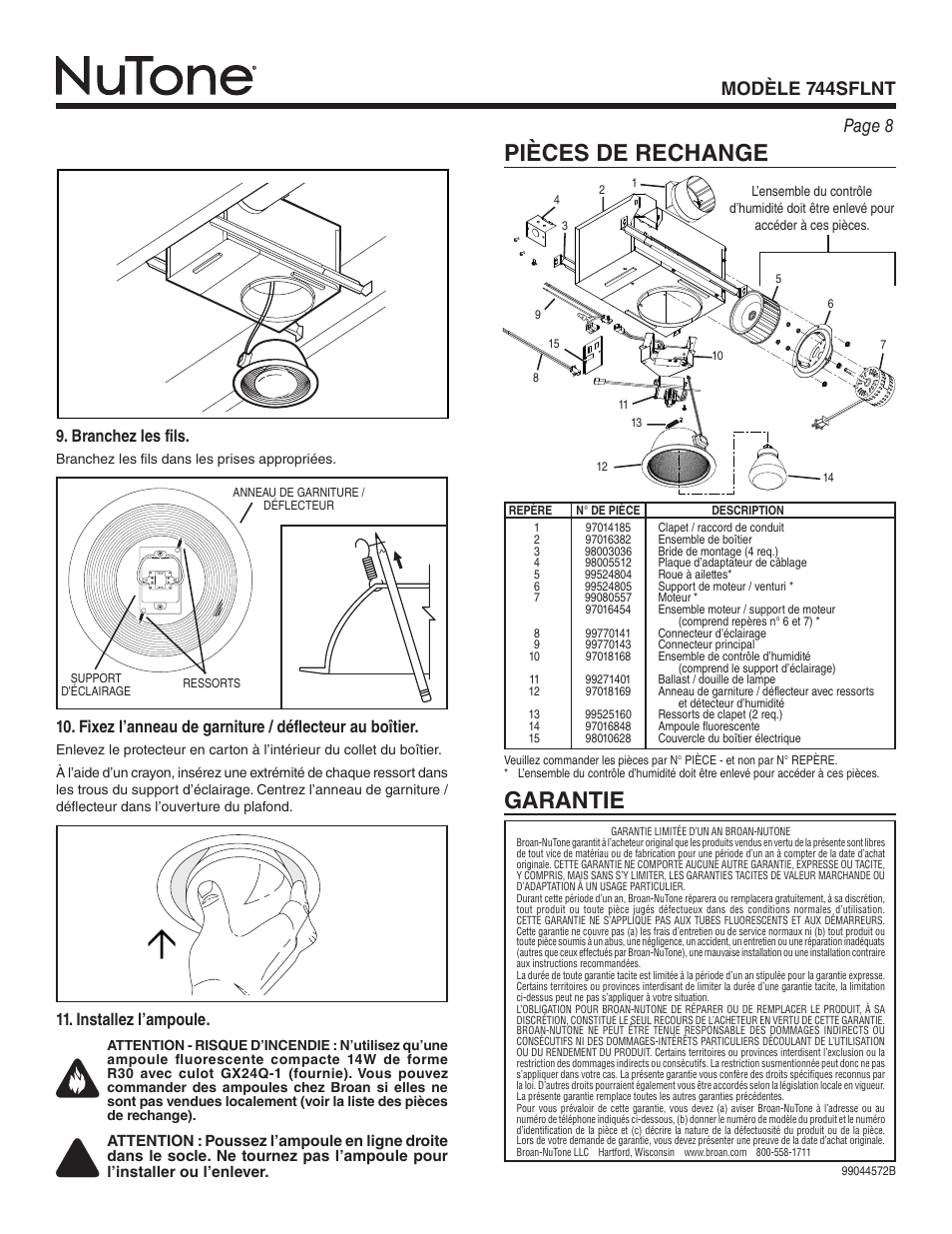 Pièces de rechange, Garantie, Page 8 modèle 744sflnt | Installez l’ampoule, Branchez les fils | NuTone 744SFLNT User Manual | Page 8 / 12
