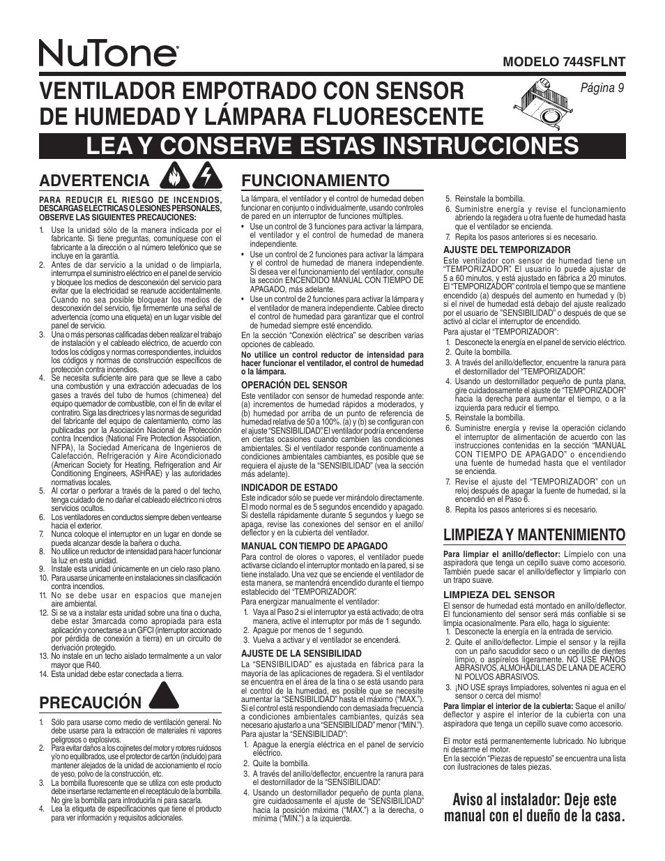 Limpieza y mantenimiento, Advertencia, Precaución | Página 9 modelo 744sflnt | NuTone 744SFLNT User Manual | Page 9 / 12