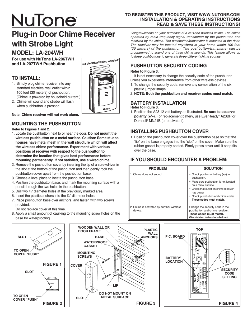 NuTone LA-204WH User Manual | 6 pages