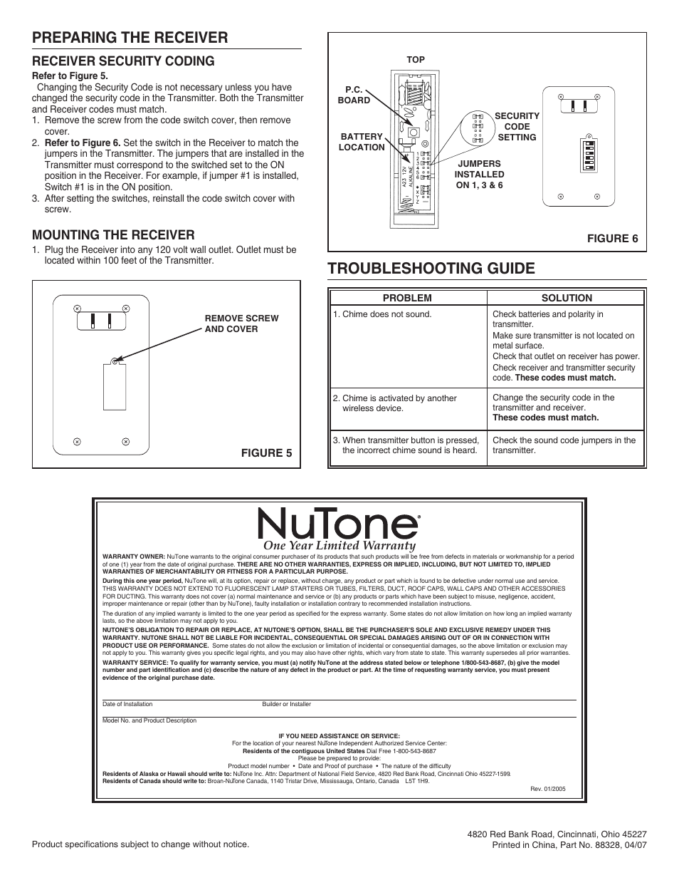 Troubleshooting guide, Preparing the receiver, Receiver security coding | Mounting the receiver, One year limited warranty | NuTone LA-204WH User Manual | Page 2 / 6