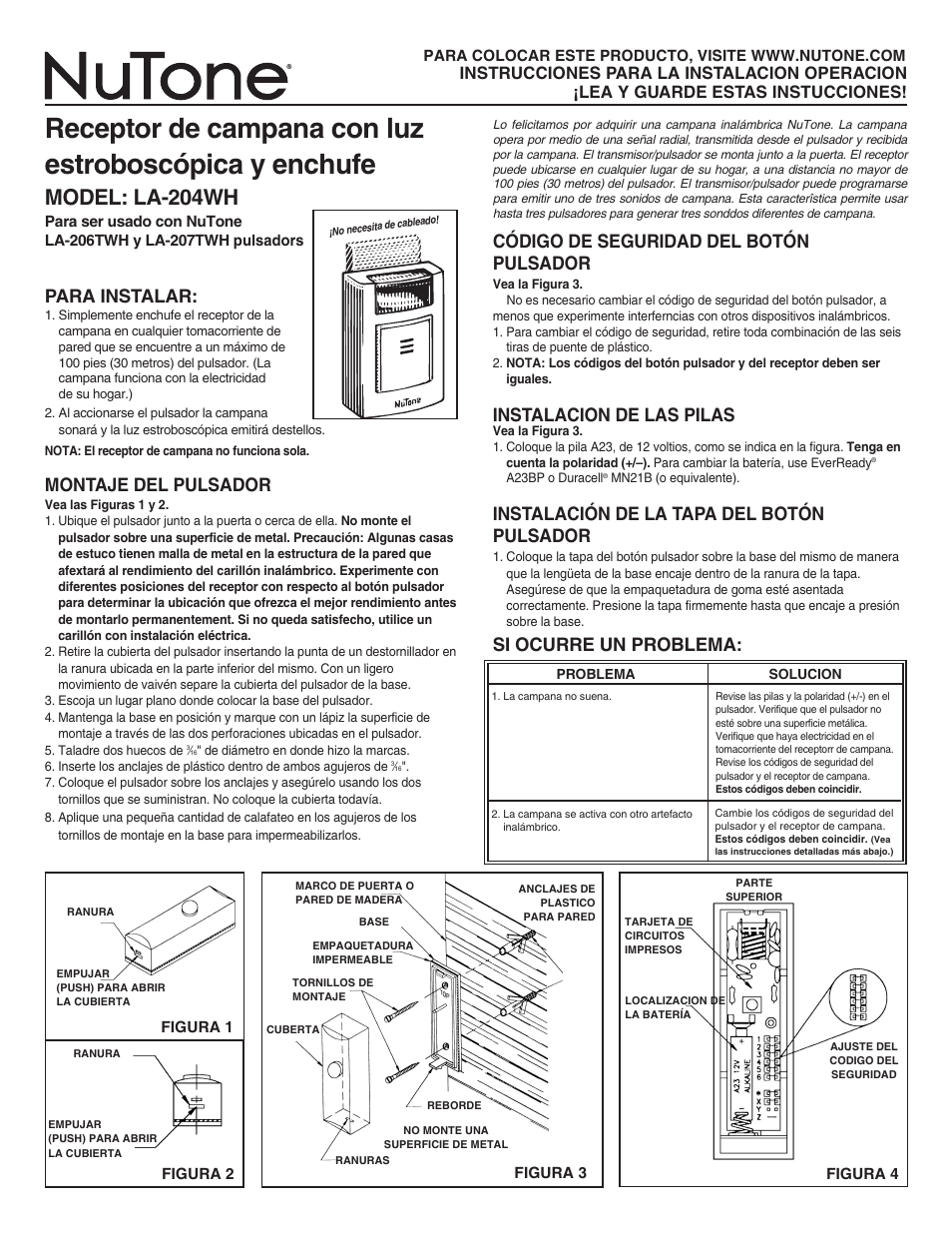 Model: la-204wh, Para instalar, Montaje del pulsador | Código de seguridad del botón pulsador, Instalacion de las pilas, Instalación de la tapa del botón pulsador, Si ocurre un problema | NuTone LA-204WH User Manual | Page 3 / 6