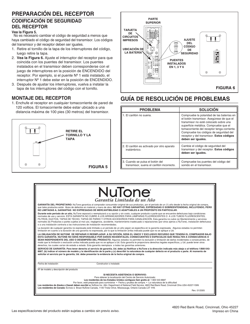Guía de resolución de problemas, Preparación del receptor, Codificación de seguridad del receptor | Montaje del receptor, Garantía limitada de un año, Figura 5 figura 6 | NuTone LA-204WH User Manual | Page 4 / 6