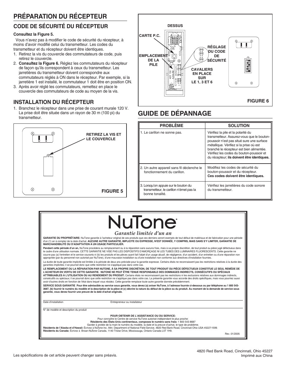 Guide de dépannage, Préparation du récepteur, Code de sécurité du récepteur | Installation du récepteur, Garantie limitée d’un an | NuTone LA-204WH User Manual | Page 6 / 6