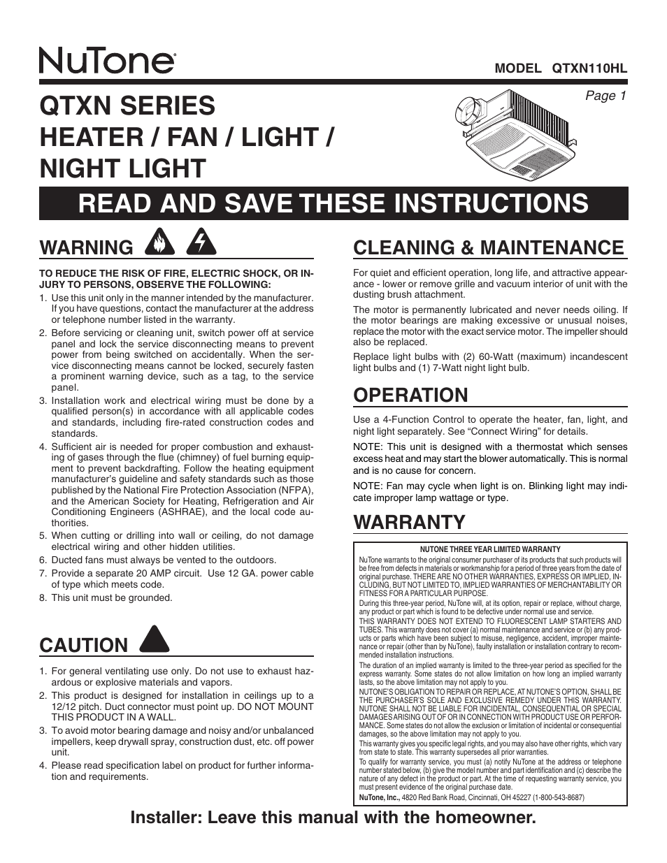 NuTone QTXN110HL User Manual | 8 pages