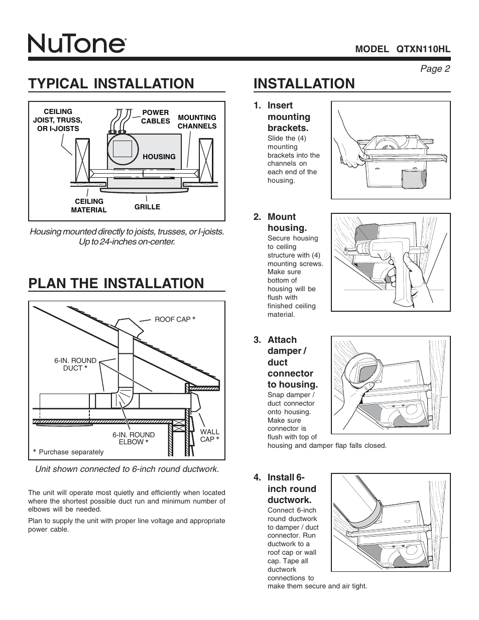 Typical installation, Plan the installation, Installation | NuTone QTXN110HL User Manual | Page 2 / 8
