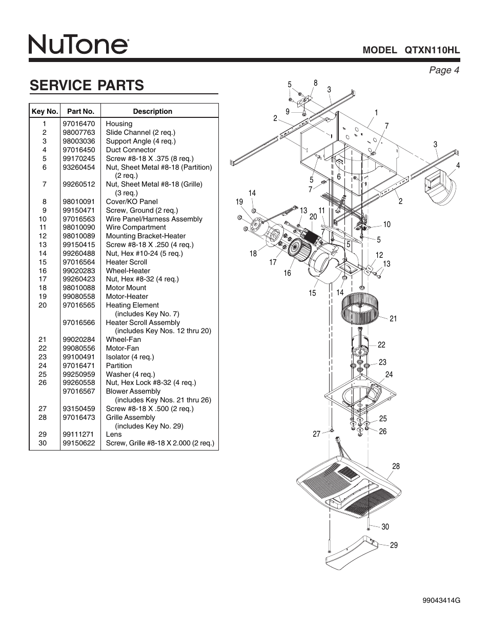 Service parts | NuTone QTXN110HL User Manual | Page 4 / 8