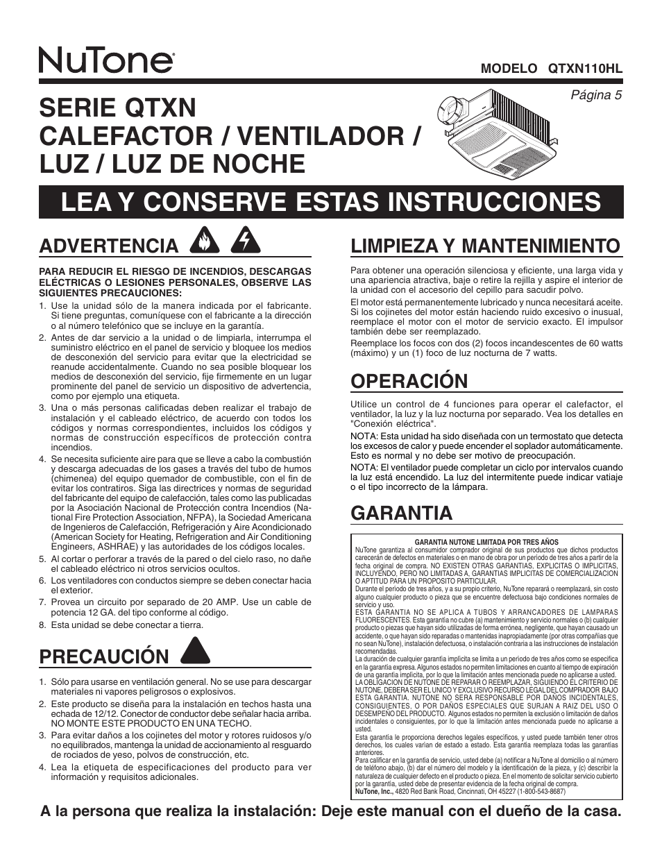 Advertencia, Precaución, Limpieza y mantenimiento garantia | Operación | NuTone QTXN110HL User Manual | Page 5 / 8