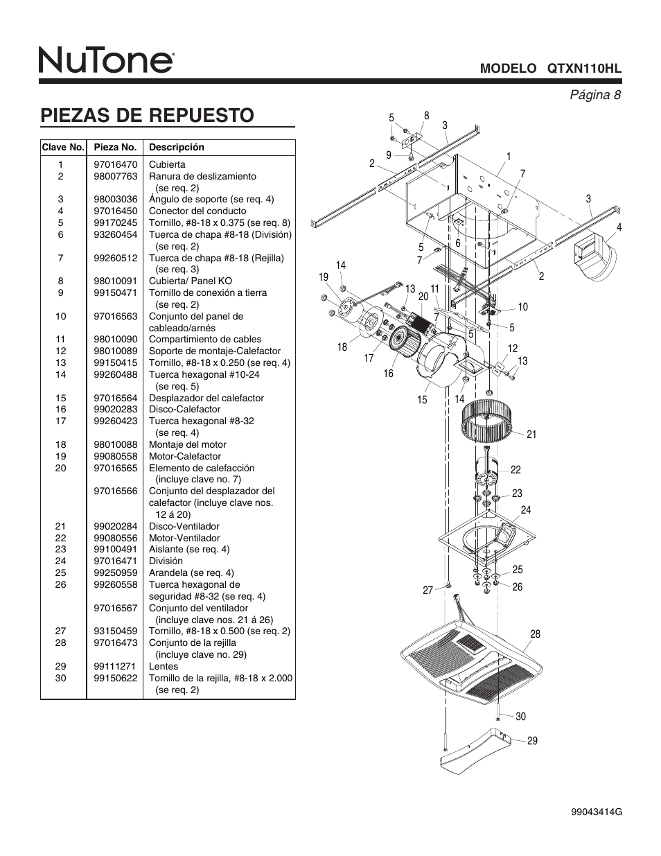 Piezas de repuesto | NuTone QTXN110HL User Manual | Page 8 / 8