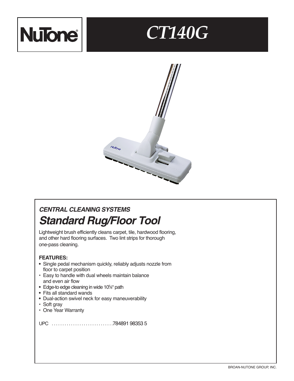 NuTone Standard Rug/Floor Tool UPC# 784891983535 User Manual | 1 page