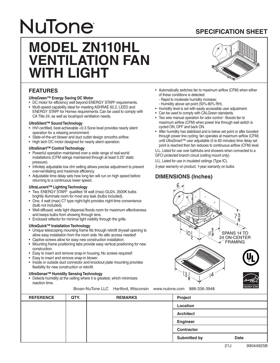 NuTone Ventilation Fan With Light ZN110HL User Manual | 2 pages